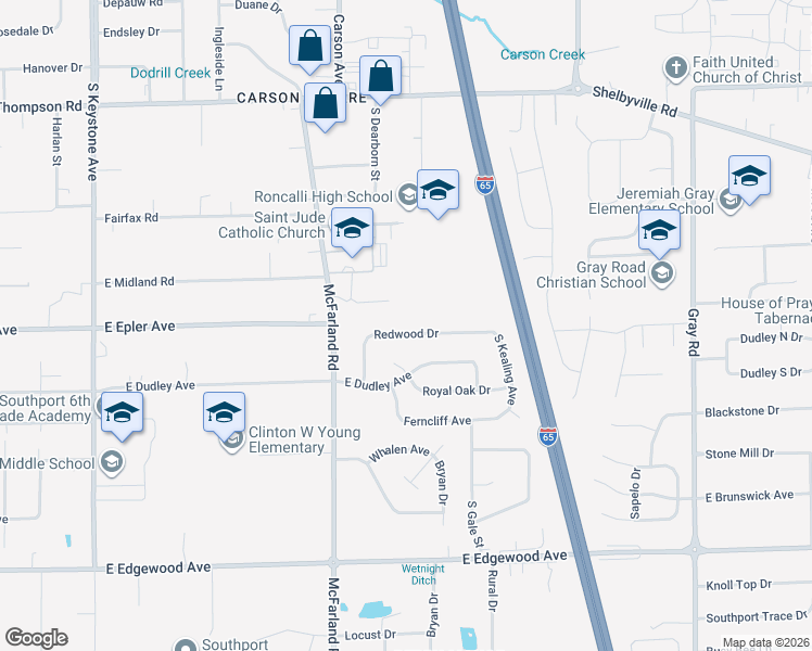 map of restaurants, bars, coffee shops, grocery stores, and more near 3414 Redwood Drive in Indianapolis