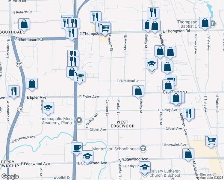 map of restaurants, bars, coffee shops, grocery stores, and more near 5131 Camden Street in Indianapolis