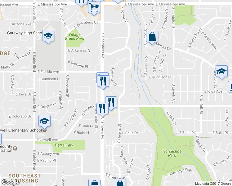 map of restaurants, bars, coffee shops, grocery stores, and more near 1610 South Ivory Circle in Aurora