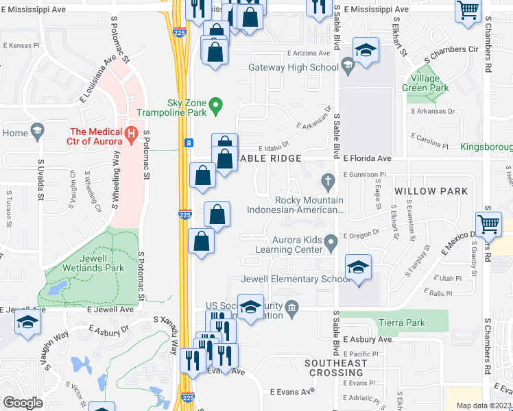 map of restaurants, bars, coffee shops, grocery stores, and more near 14072 East Iowa Drive in Aurora
