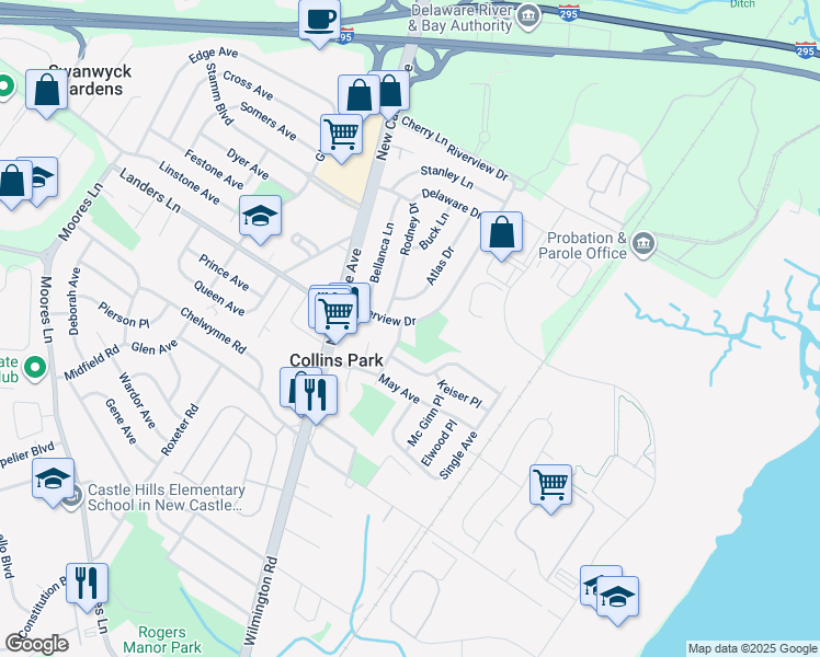 map of restaurants, bars, coffee shops, grocery stores, and more near 172 Riverview Drive in New Castle