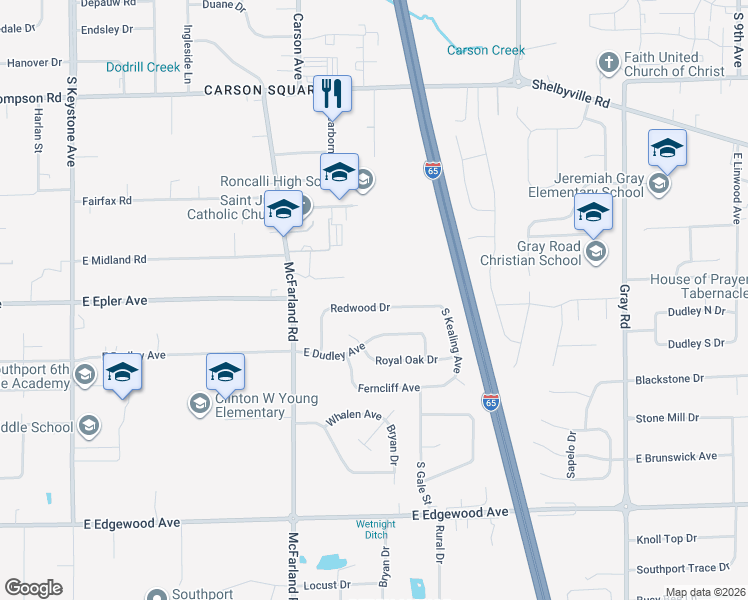 map of restaurants, bars, coffee shops, grocery stores, and more near 3414 Redwood Drive in Indianapolis