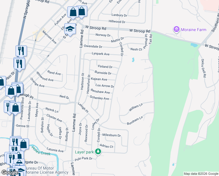 map of restaurants, bars, coffee shops, grocery stores, and more near 2156 Los Arrow Drive in Dayton