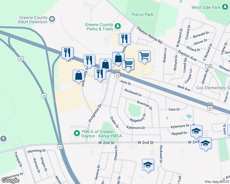 map of restaurants, bars, coffee shops, grocery stores, and more near 2172 Drake Drive in Xenia