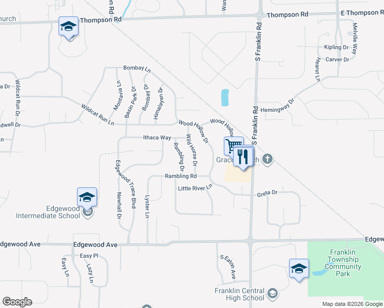 map of restaurants, bars, coffee shops, grocery stores, and more near 5602 Wild Horse Drive in Indianapolis
