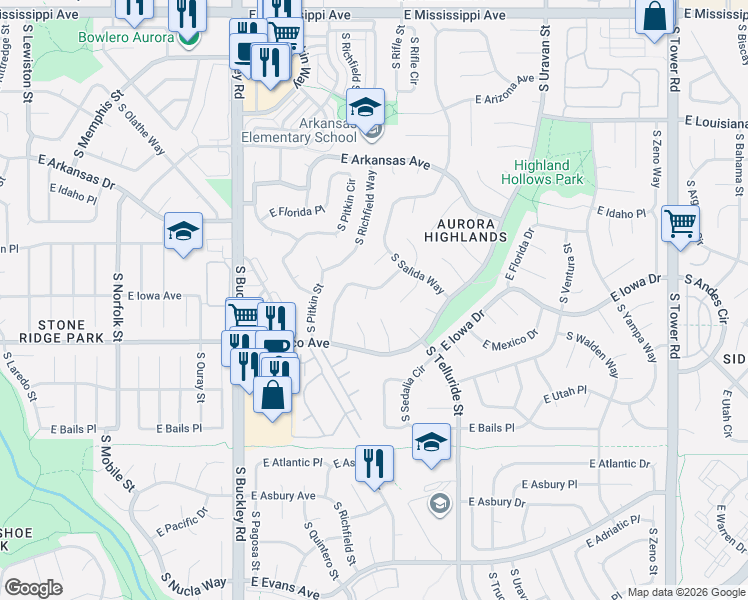 map of restaurants, bars, coffee shops, grocery stores, and more near 1656 South Quintero Way in Aurora