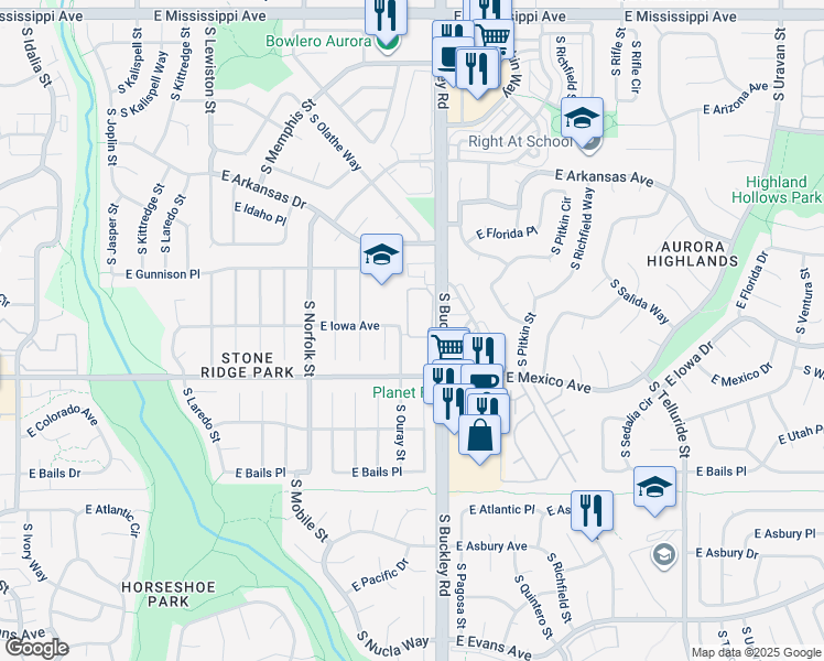 map of restaurants, bars, coffee shops, grocery stores, and more near 16811 East Hawaii Drive in Aurora