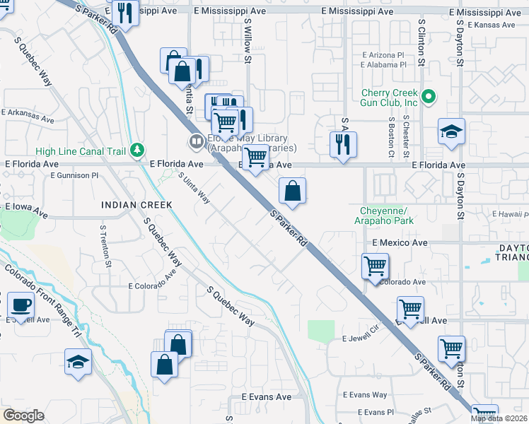 map of restaurants, bars, coffee shops, grocery stores, and more near 8661 East Hawaii Drive in Denver