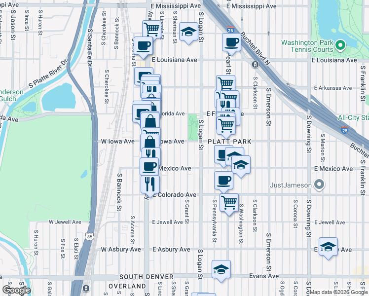 map of restaurants, bars, coffee shops, grocery stores, and more near 1626 South Sherman Street in Denver