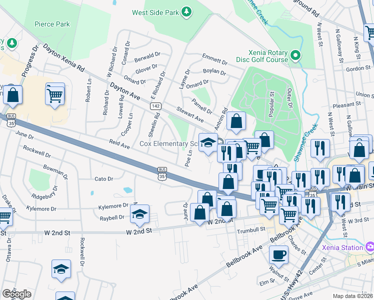 map of restaurants, bars, coffee shops, grocery stores, and more near 127 Franklin Avenue in Xenia
