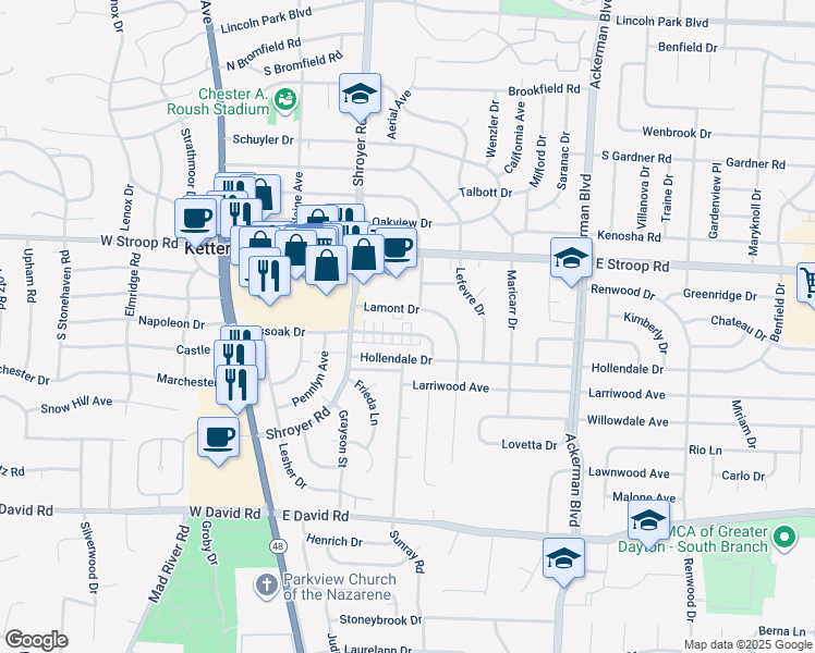 map of restaurants, bars, coffee shops, grocery stores, and more near 523 Mossoak Drive in Dayton