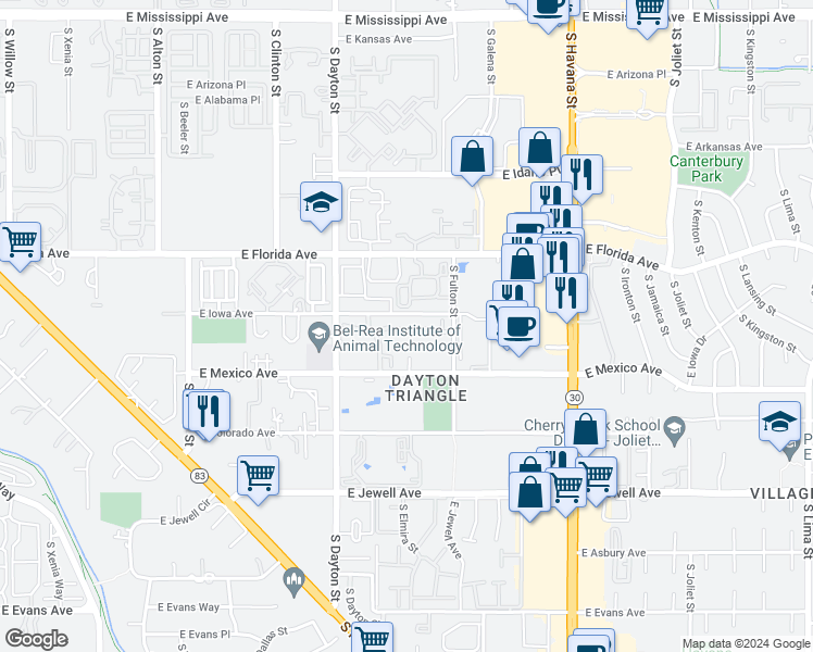 map of restaurants, bars, coffee shops, grocery stores, and more near 9955 East Hawaii Place in Denver