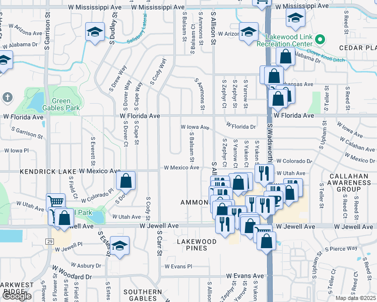 map of restaurants, bars, coffee shops, grocery stores, and more near 1655 South Balsam Street in Lakewood