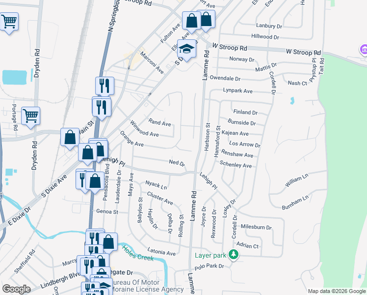 map of restaurants, bars, coffee shops, grocery stores, and more near 3103 White Oak Court in Dayton