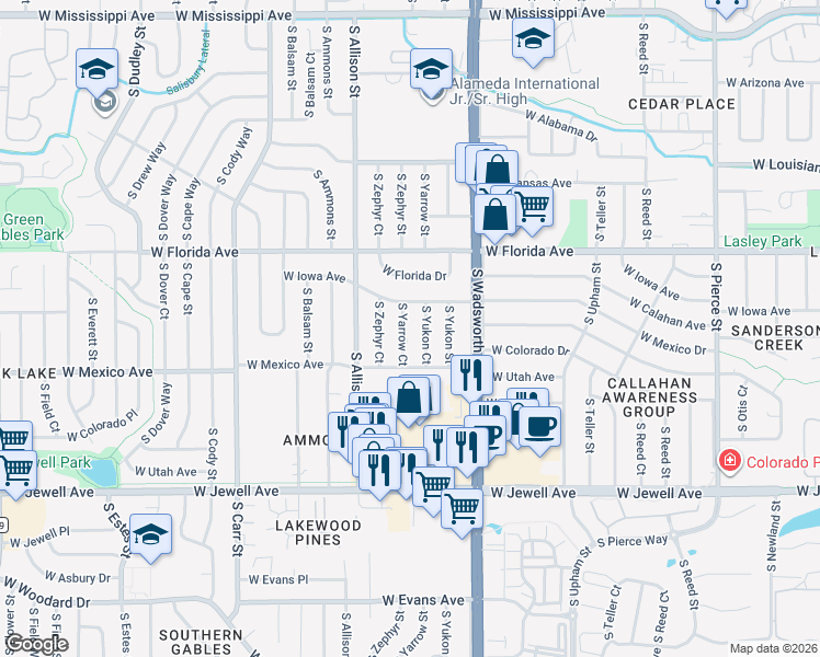 map of restaurants, bars, coffee shops, grocery stores, and more near 1646 South Yarrow Court in Lakewood