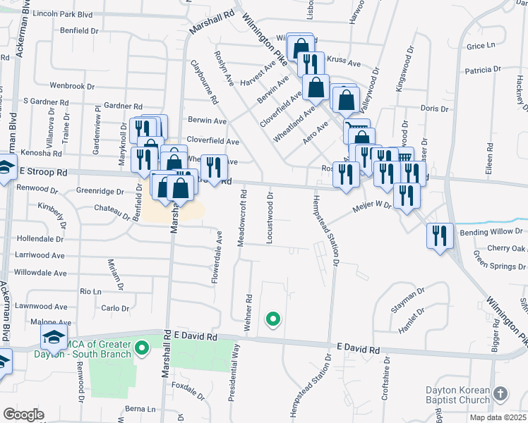 map of restaurants, bars, coffee shops, grocery stores, and more near 4049 Locustwood Drive in Dayton