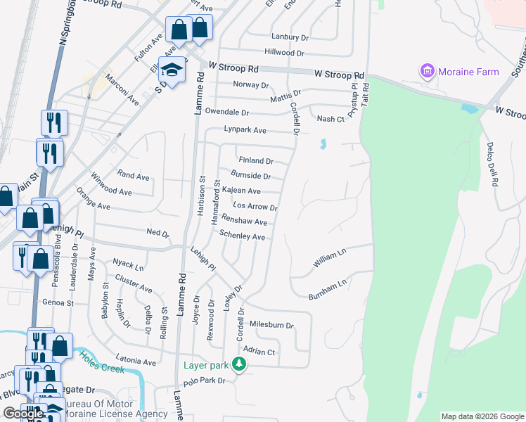 map of restaurants, bars, coffee shops, grocery stores, and more near 2156 Los Arrow Drive in Dayton