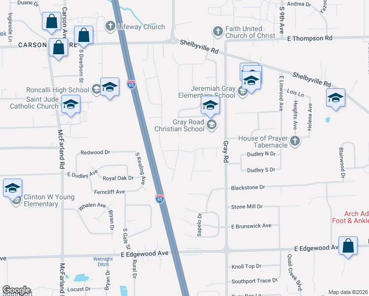 map of restaurants, bars, coffee shops, grocery stores, and more near 3920 Cherry Blossom Boulevard in Indianapolis
