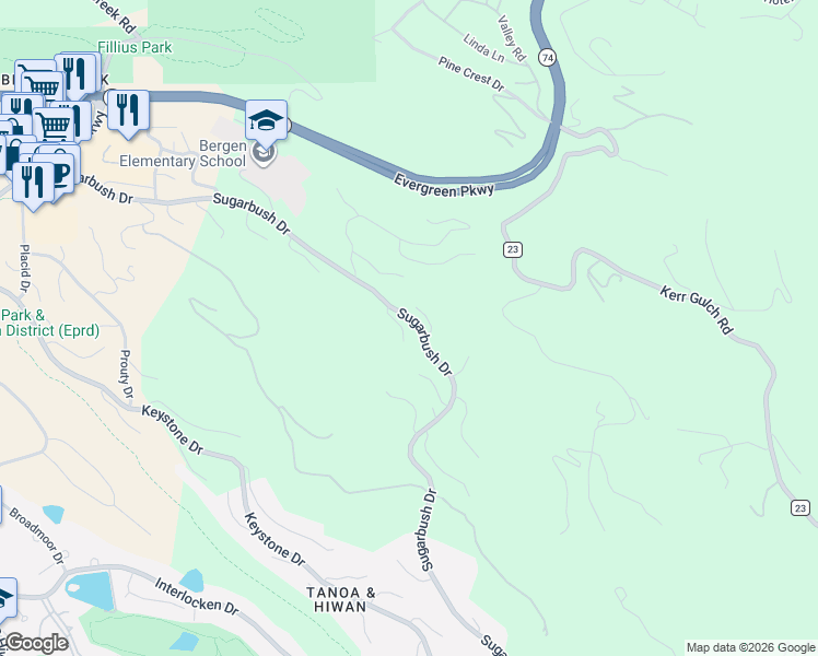 map of restaurants, bars, coffee shops, grocery stores, and more near 1564 Steamboat Court in Evergreen