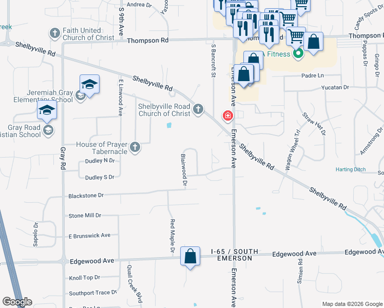 map of restaurants, bars, coffee shops, grocery stores, and more near 5523 Blairwood Drive in Indianapolis