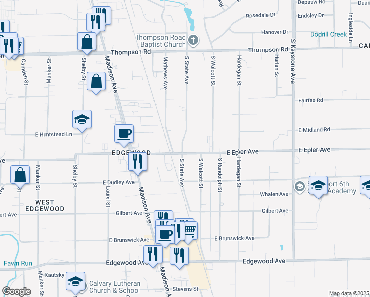 map of restaurants, bars, coffee shops, grocery stores, and more near 5155 South State Avenue in Indianapolis