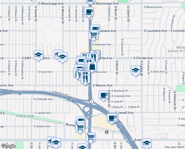 map of restaurants, bars, coffee shops, grocery stores, and more near 1600 S Colorado Blvd in Denver