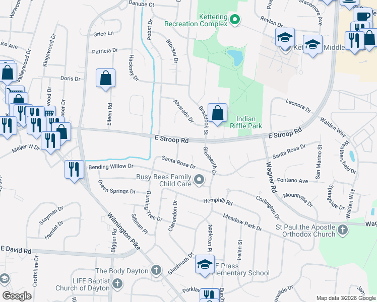 map of restaurants, bars, coffee shops, grocery stores, and more near 4025 Montezuma Pl in Dayton