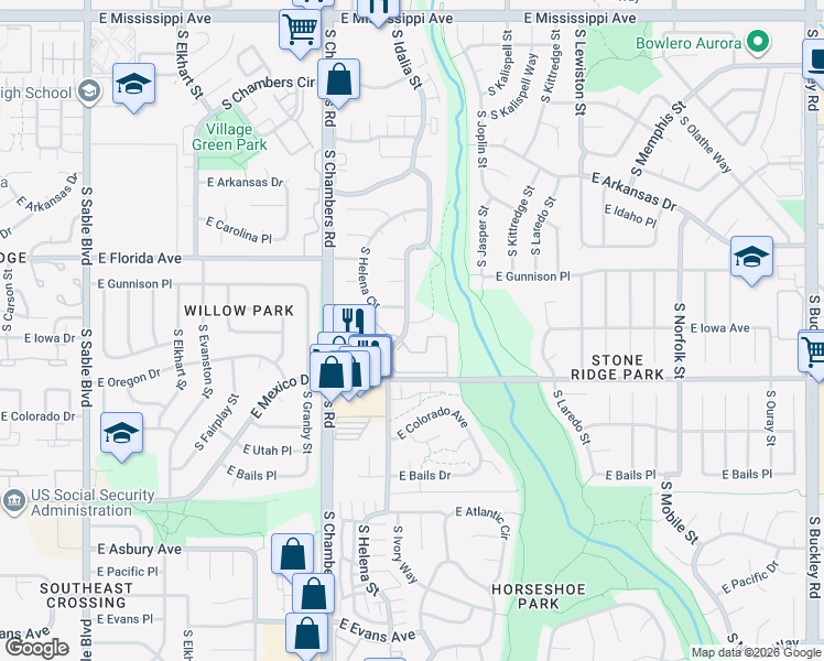 map of restaurants, bars, coffee shops, grocery stores, and more near 1600 South Idalia Circle in Aurora