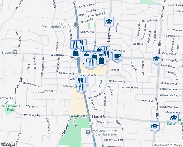 map of restaurants, bars, coffee shops, grocery stores, and more near 117 Mossoak Drive in Dayton