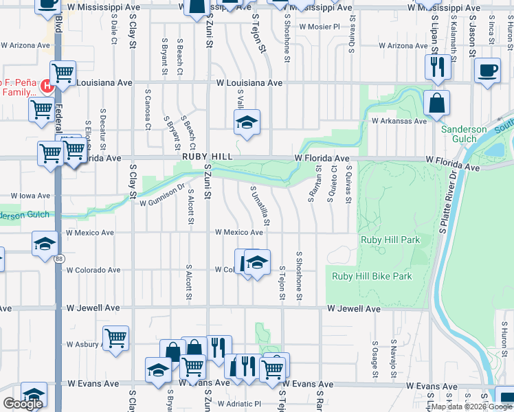 map of restaurants, bars, coffee shops, grocery stores, and more near 1620 South Umatilla Street in Denver