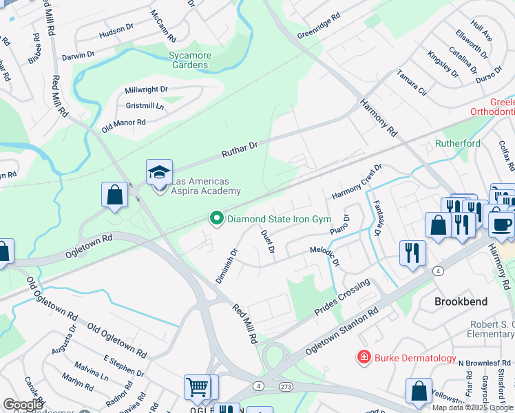 map of restaurants, bars, coffee shops, grocery stores, and more near 6 Duet Court in Newark