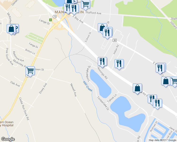 map of restaurants, bars, coffee shops, grocery stores, and more near 317 Timberlake Drive in Stafford Township