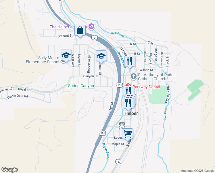 map of restaurants, bars, coffee shops, grocery stores, and more near 320 Vernal Street in Helper