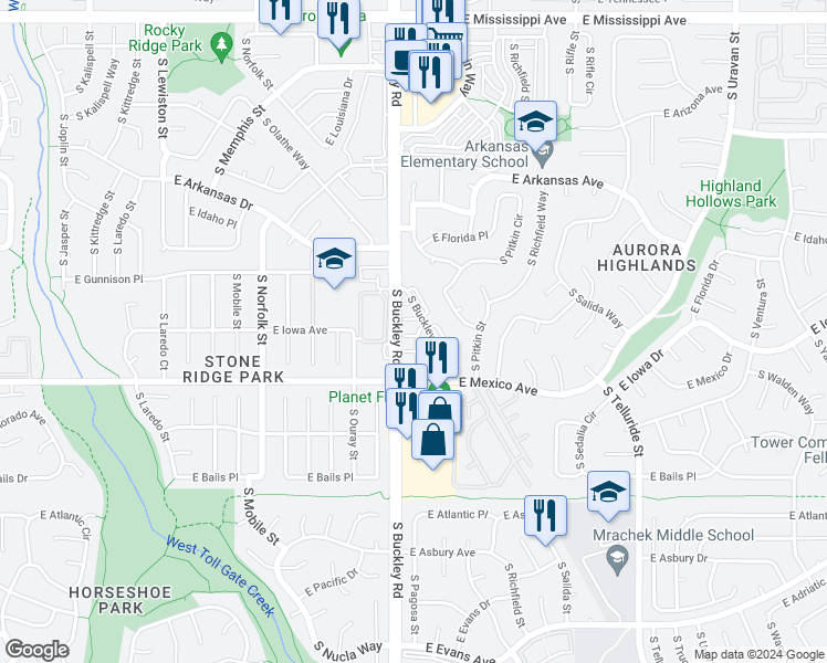 map of restaurants, bars, coffee shops, grocery stores, and more near 1573 South Buckley Circle in Aurora
