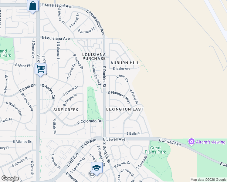 map of restaurants, bars, coffee shops, grocery stores, and more near 1605 South Flanders Way in Aurora