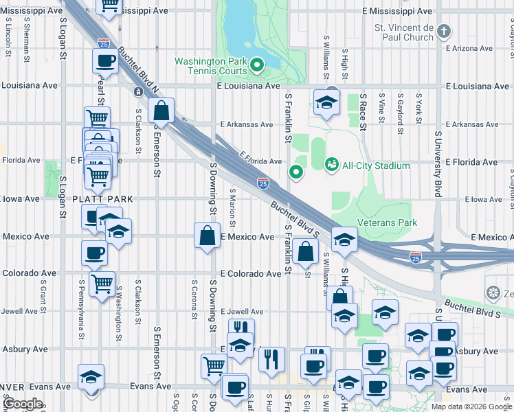 map of restaurants, bars, coffee shops, grocery stores, and more near 1625 South Humboldt Street in Denver
