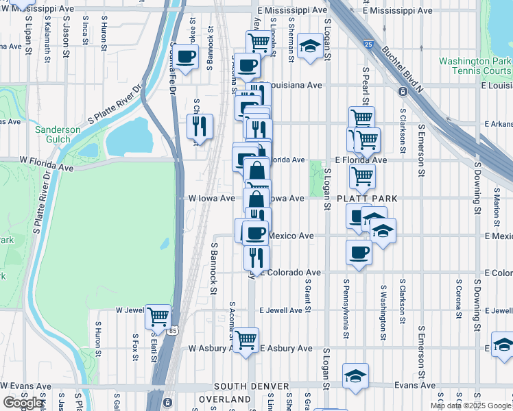 map of restaurants, bars, coffee shops, grocery stores, and more near 1625 Broadway in Denver
