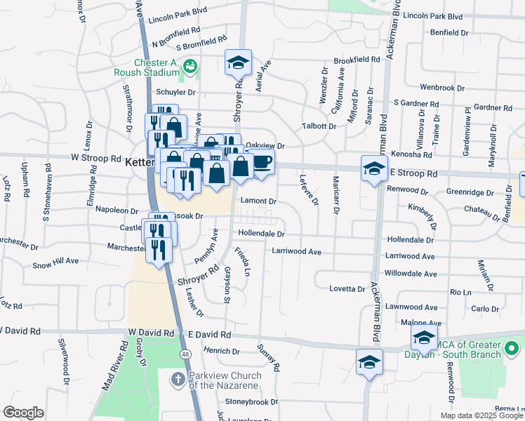 map of restaurants, bars, coffee shops, grocery stores, and more near 523 Mossoak Drive in Dayton