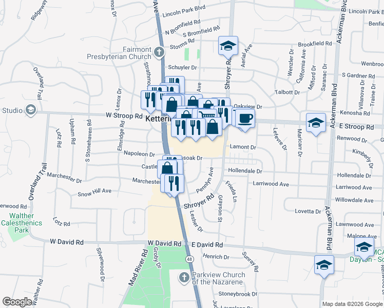 map of restaurants, bars, coffee shops, grocery stores, and more near 117 Mossoak Drive in Dayton