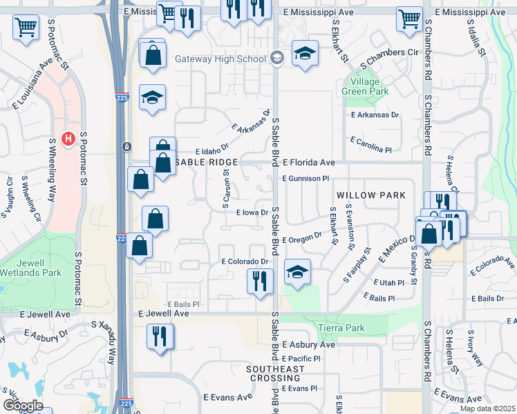 map of restaurants, bars, coffee shops, grocery stores, and more near 14401 East Iowa Drive in Aurora