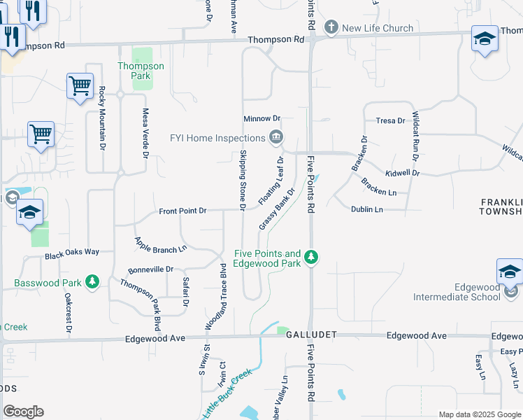 map of restaurants, bars, coffee shops, grocery stores, and more near 5537 Floating Leaf Drive in Indianapolis
