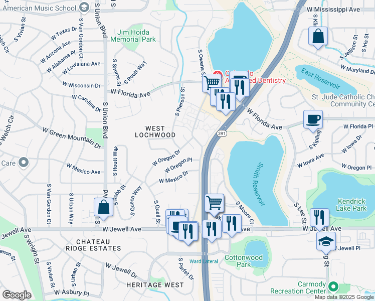 map of restaurants, bars, coffee shops, grocery stores, and more near 10981 West Oregon Place in Lakewood