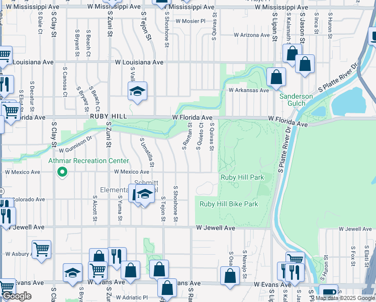 map of restaurants, bars, coffee shops, grocery stores, and more near 1610 South Raritan Street in Denver