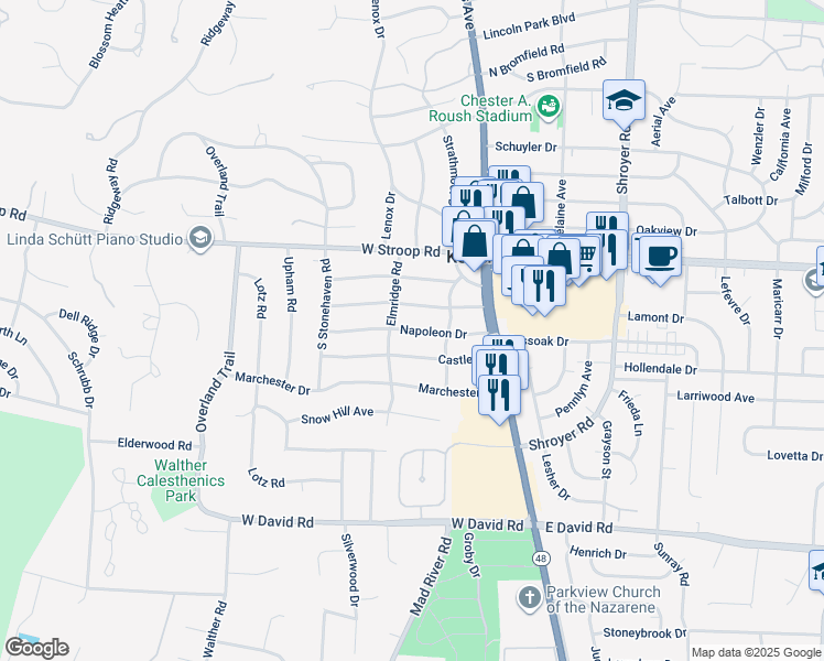 map of restaurants, bars, coffee shops, grocery stores, and more near 148 Napoleon Drive in Kettering
