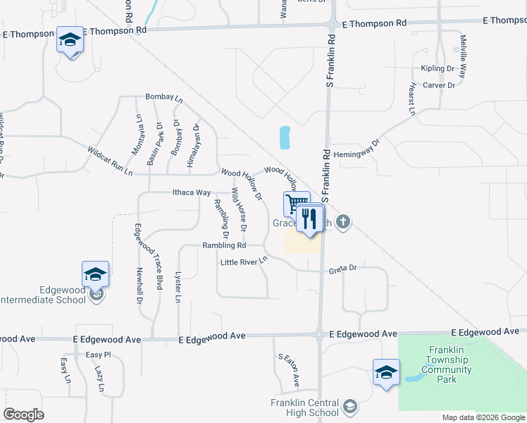 map of restaurants, bars, coffee shops, grocery stores, and more near 5558 Wood Hollow Drive in Indianapolis