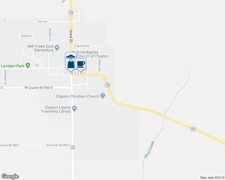 map of restaurants, bars, coffee shops, grocery stores, and more near 5034 Indiana 39 in Clayton
