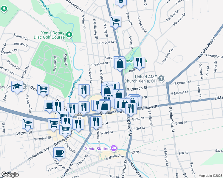 map of restaurants, bars, coffee shops, grocery stores, and more near 184 North King Street in Xenia