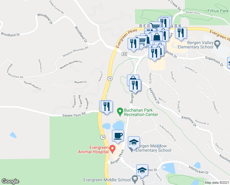 map of restaurants, bars, coffee shops, grocery stores, and more near 1500 Evergreen Parkway in Evergreen