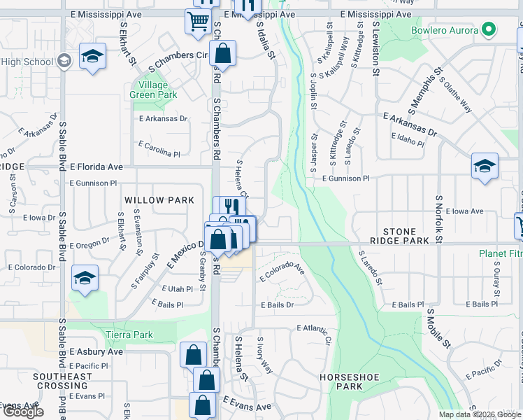 map of restaurants, bars, coffee shops, grocery stores, and more near 1600 South Idalia Circle in Aurora