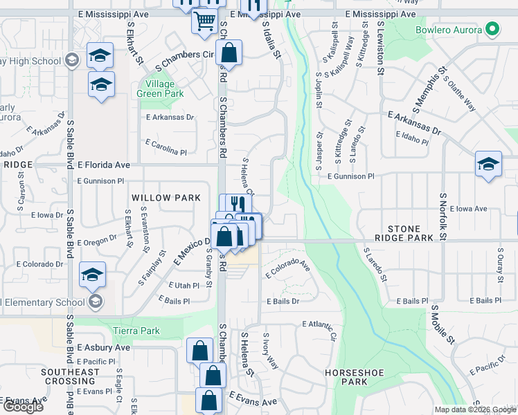 map of restaurants, bars, coffee shops, grocery stores, and more near 1610 South Ivory Circle in Aurora